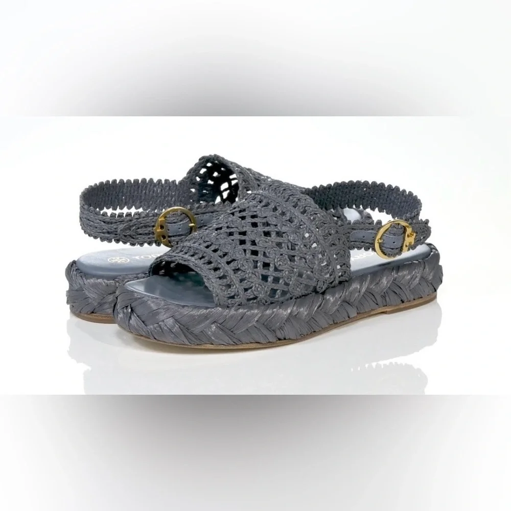 Tory Burch Raffia Canvas Crochet Trim Platform Slingback Espadrilles Sandals